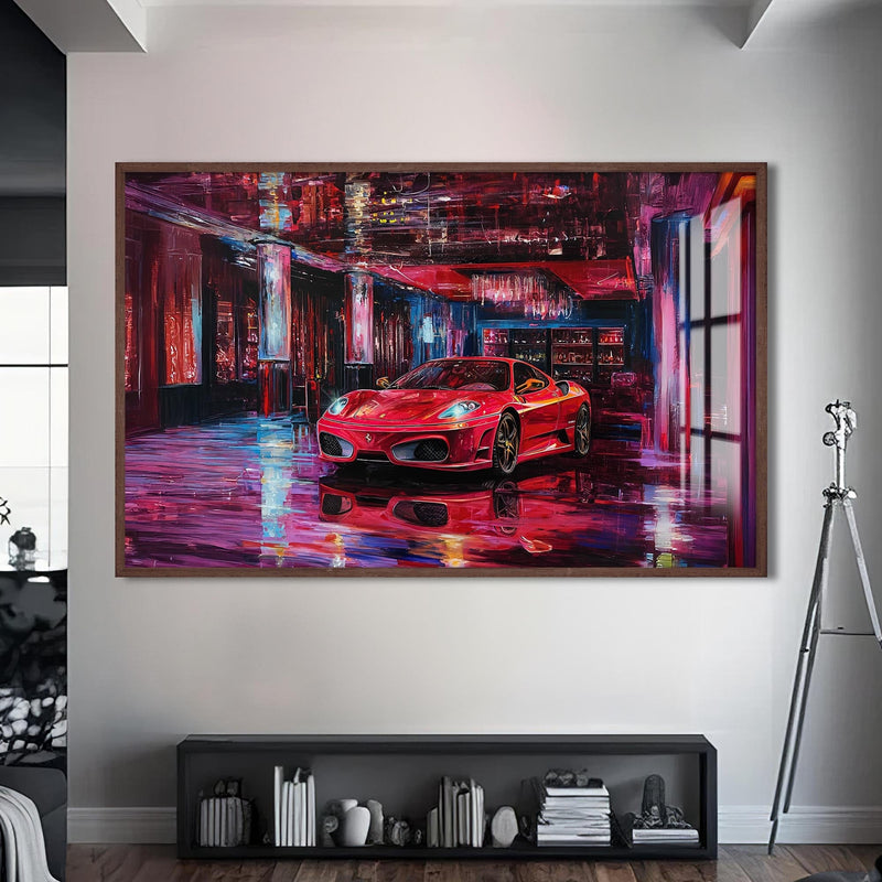 Artronauts Glass Print S | 72x46 cm | 28.3"x18.1" / Walnut Luxury Red Supercar – Modern Automotive Glass Art