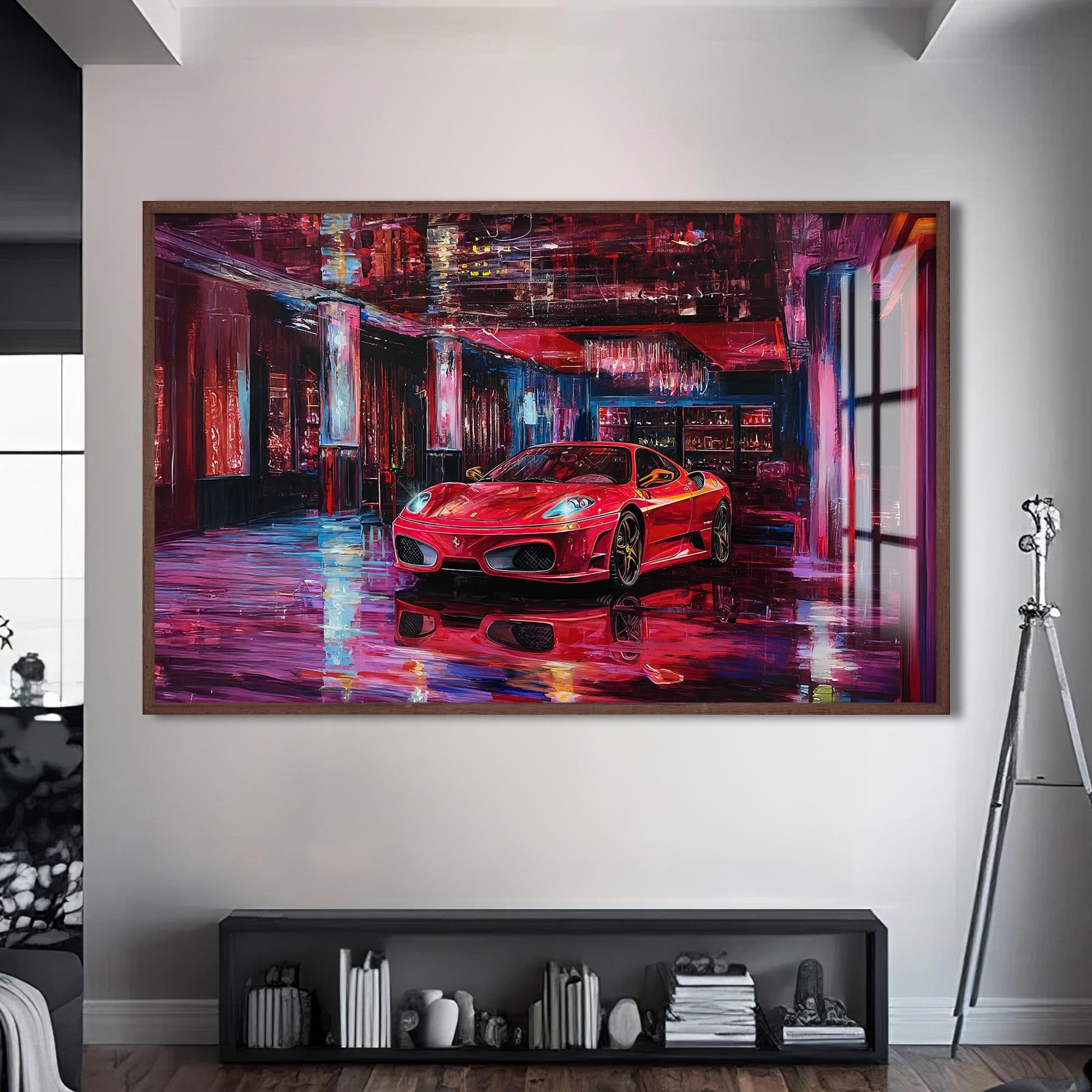 Artronauts Glass Print S | 72x46 cm | 28.3"x18.1" / Walnut Luxury Red Supercar – Modern Automotive Glass Art