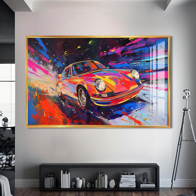 Artronauts Glass Print S | 72x46 cm | 28.3"x18.1" / Gold Colour Burst Classic – Retro Car Glass Wall Art