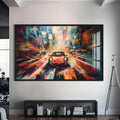 Artronauts Glass Print S | 72x46 cm | 28.3"x18.1" / Black Urban Motion Drive – Abstract City Car Glass Art
