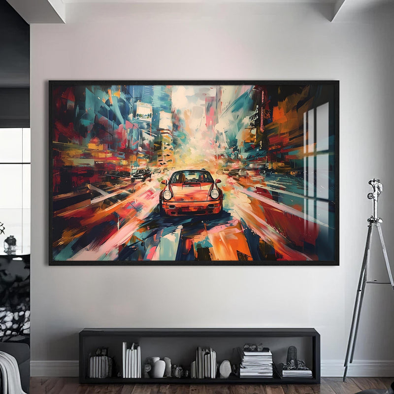 Artronauts Glass Print S | 72x46 cm | 28.3"x18.1" / Black Urban Motion Drive – Abstract City Car Glass Art