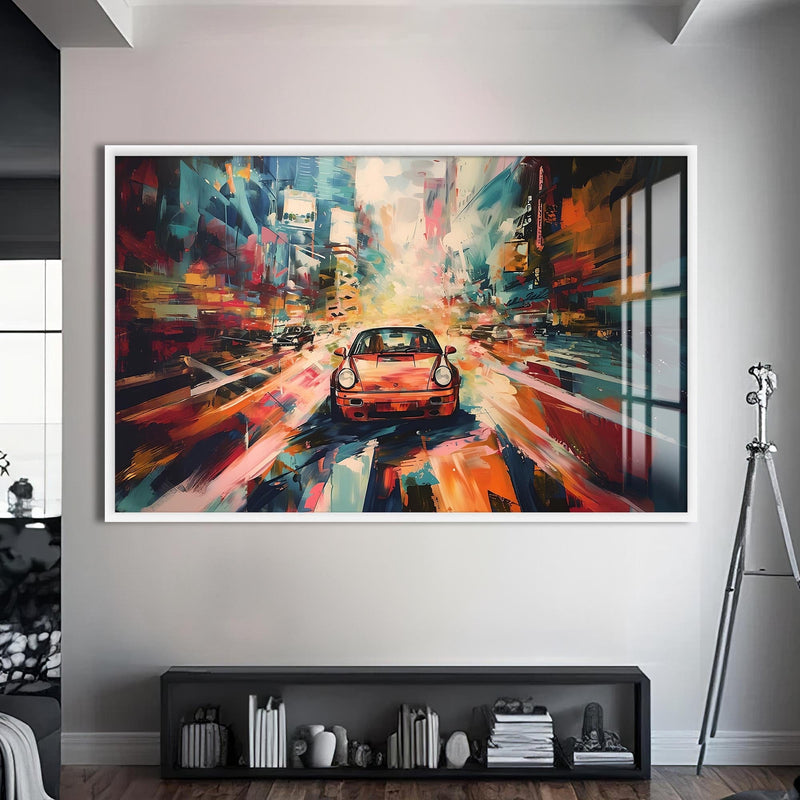 Artronauts Glass Print S | 72x46 cm | 28.3"x18.1" / White Urban Motion Drive – Abstract City Car Glass Art