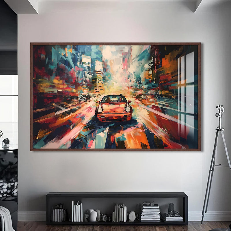 Artronauts Glass Print S | 72x46 cm | 28.3"x18.1" / Walnut Urban Motion Drive – Abstract City Car Glass Art