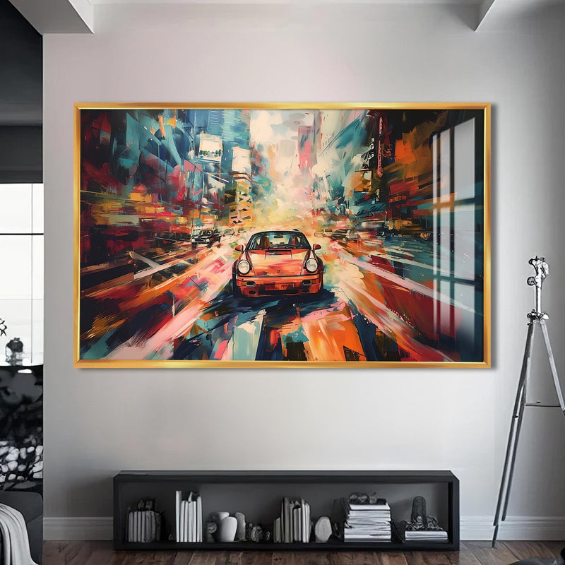 Artronauts Glass Print S | 72x46 cm | 28.3"x18.1" / Gold Urban Motion Drive – Abstract City Car Glass Art