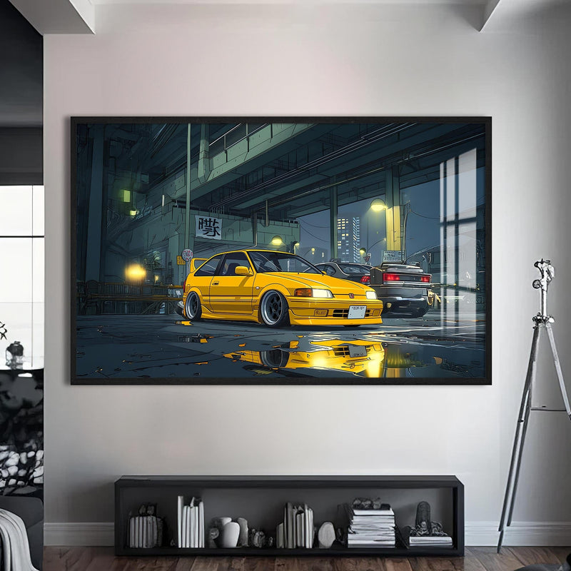 Artronauts Glass Print S | 72x46 cm | 28.3"x18.1" / Black Night Street Racer–Japanese Car Glass Wall Art
