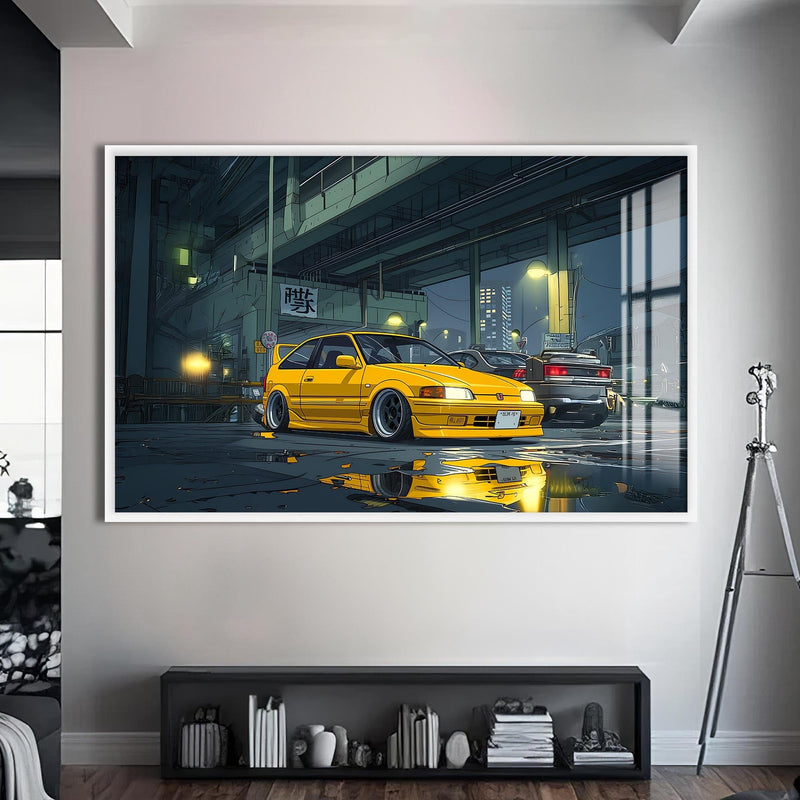 Artronauts Glass Print S | 72x46 cm | 28.3"x18.1" / White Night Street Racer–Japanese Car Glass Wall Art