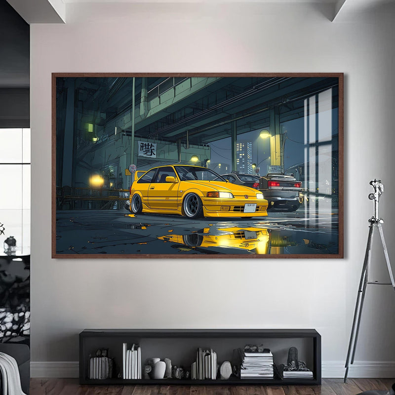 Artronauts Glass Print S | 72x46 cm | 28.3"x18.1" / Walnut Night Street Racer–Japanese Car Glass Wall Art