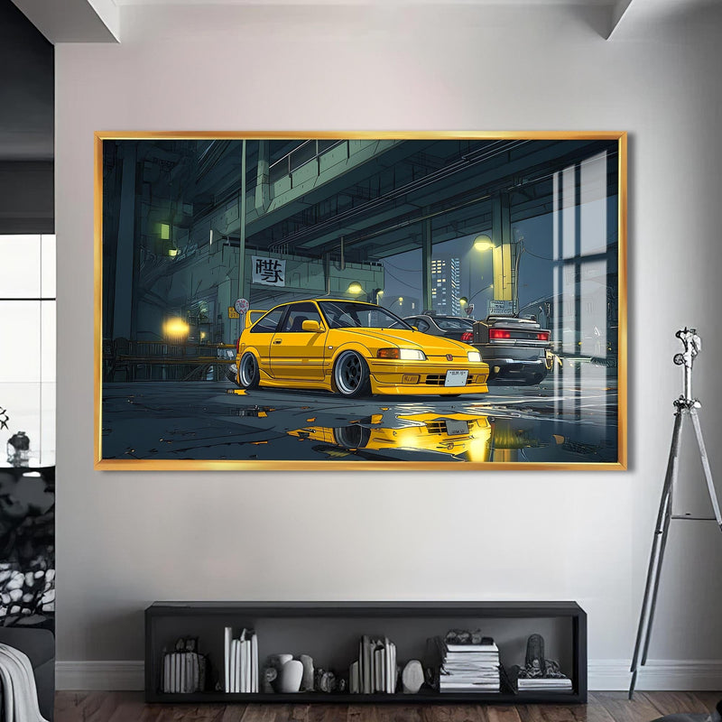 Artronauts Glass Print S | 72x46 cm | 28.3"x18.1" / Gold Night Street Racer–Japanese Car Glass Wall Art