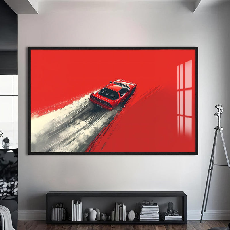 Artronauts Glass Print S | 72x46 cm | 28.3"x18.1" / Black Minimal Red Drift – Modern Car Glass Wall Art