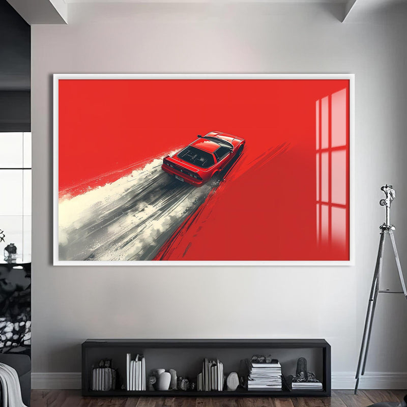 Artronauts Glass Print S | 72x46 cm | 28.3"x18.1" / White Minimal Red Drift – Modern Car Glass Wall Art
