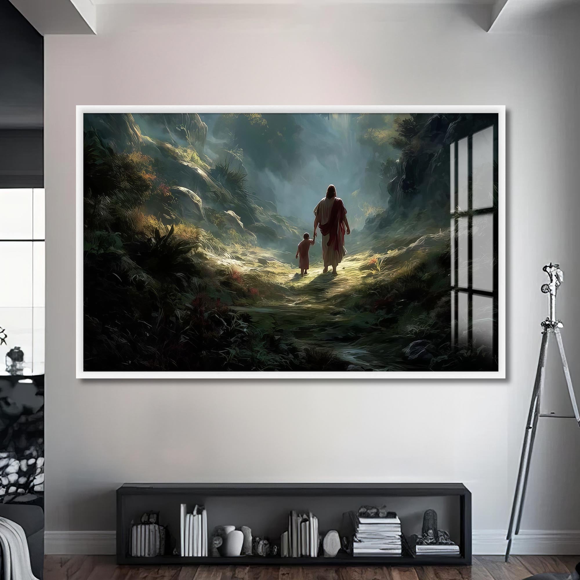 Artronauts Glass Print S | 72x46 cm | 28.3"x18.1" / White Jesus Walking With a Child– Christian Tempered Glass Wall Art