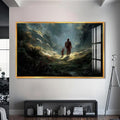Artronauts Glass Print S | 72x46 cm | 28.3"x18.1" / Gold Jesus Walking With a Child– Christian Tempered Glass Wall Art
