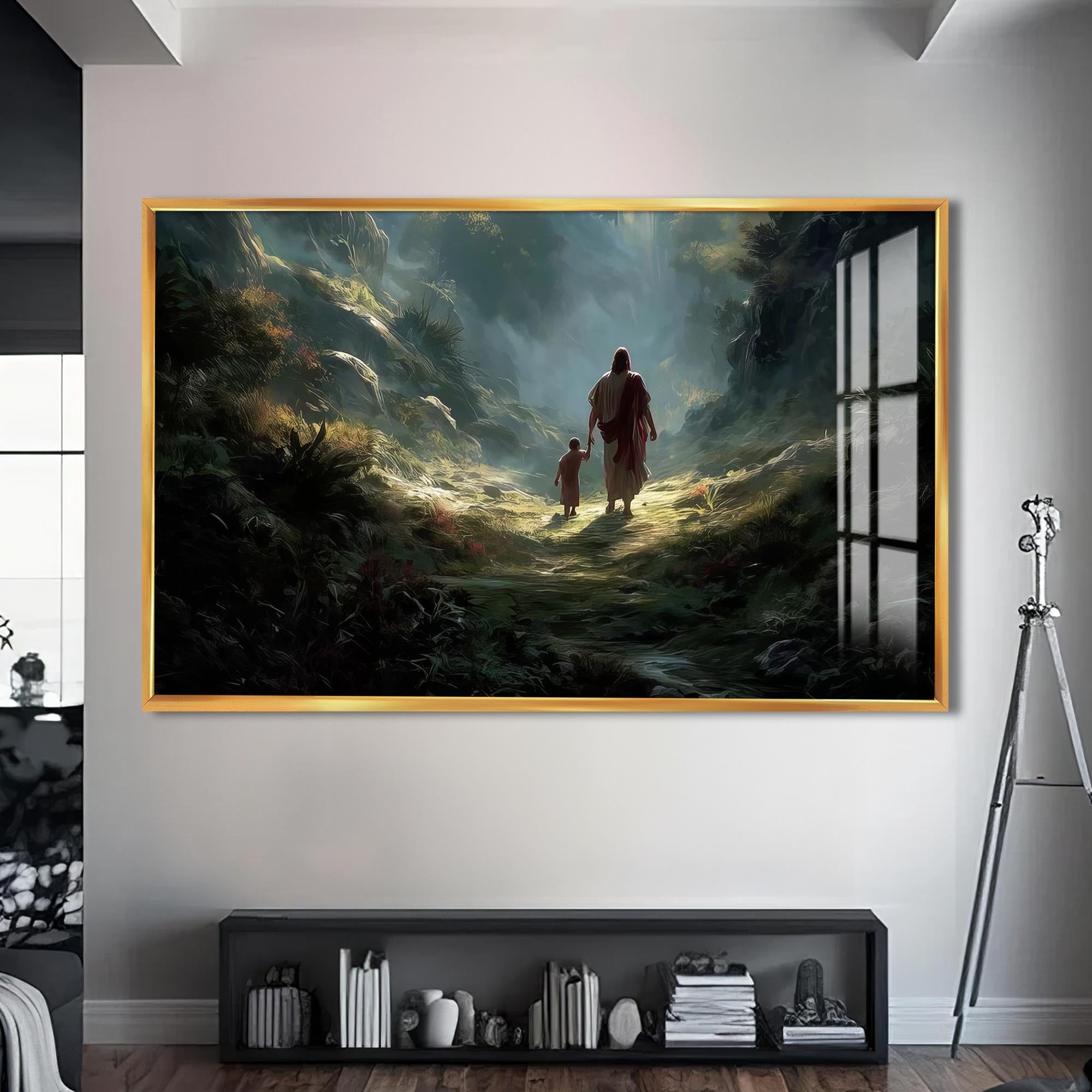 Artronauts Glass Print S | 72x46 cm | 28.3"x18.1" / Gold Jesus Walking With a Child– Christian Tempered Glass Wall Art