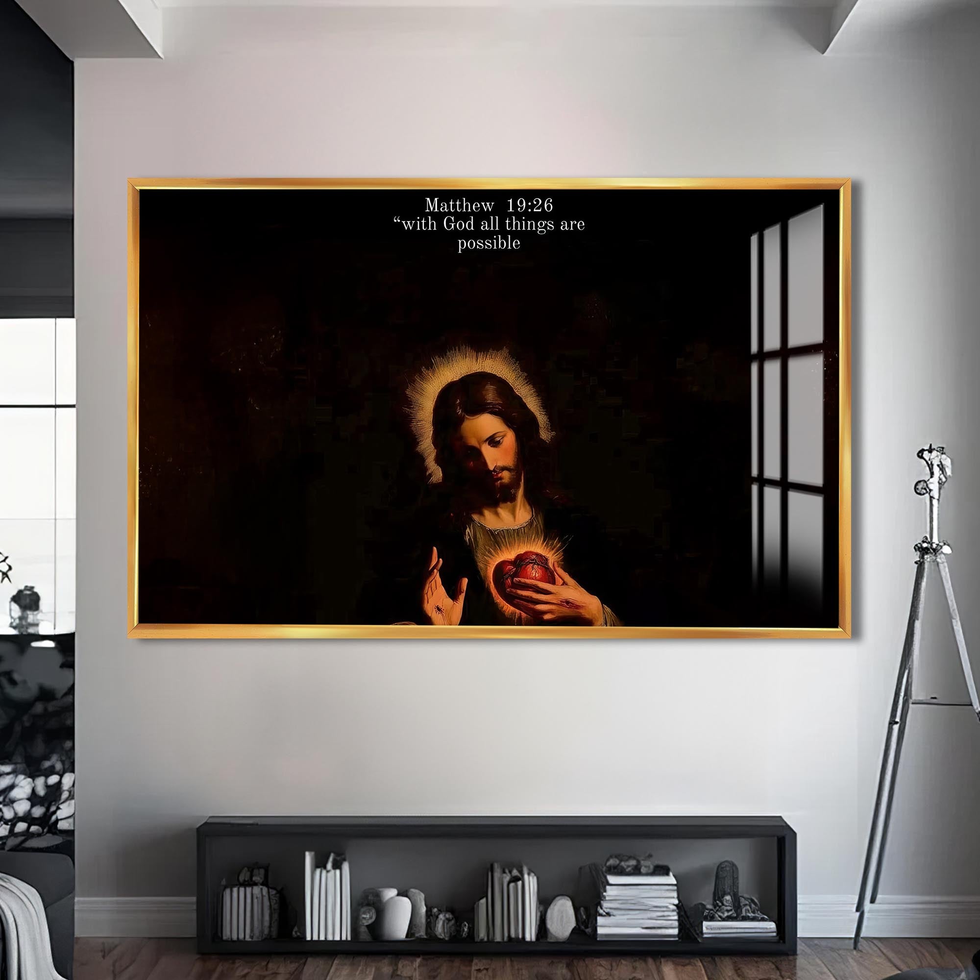 Artronauts Glass Print S | 72x46 cm | 28.3"x18.1" / Gold Matthew 19– Christian Tempered Glass Wall Art