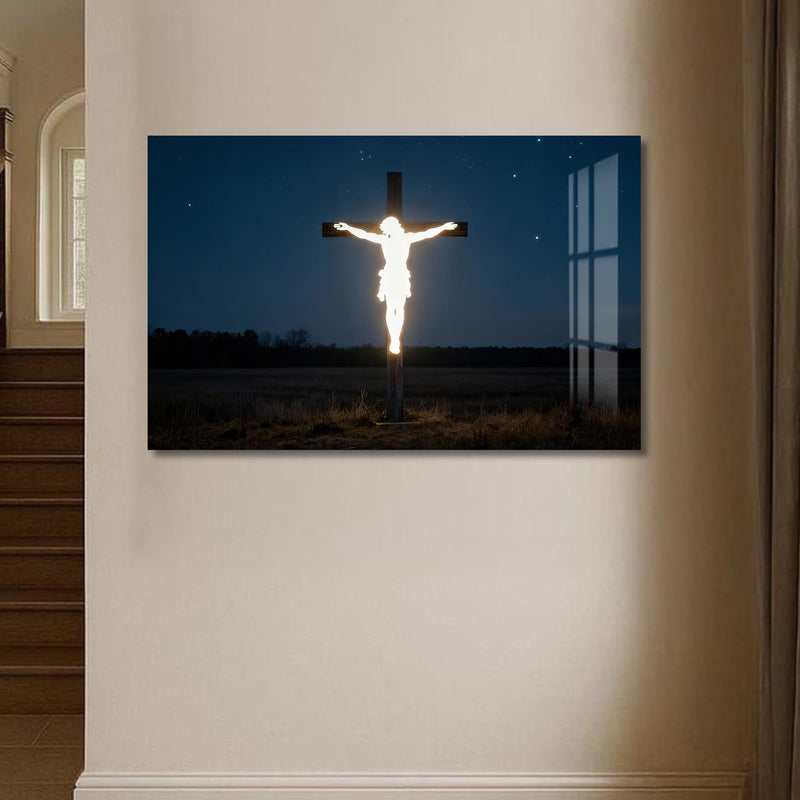 Artronauts Glass Print Glowing Cross in the Darkness– Christian Tempered Glass Wall Art
