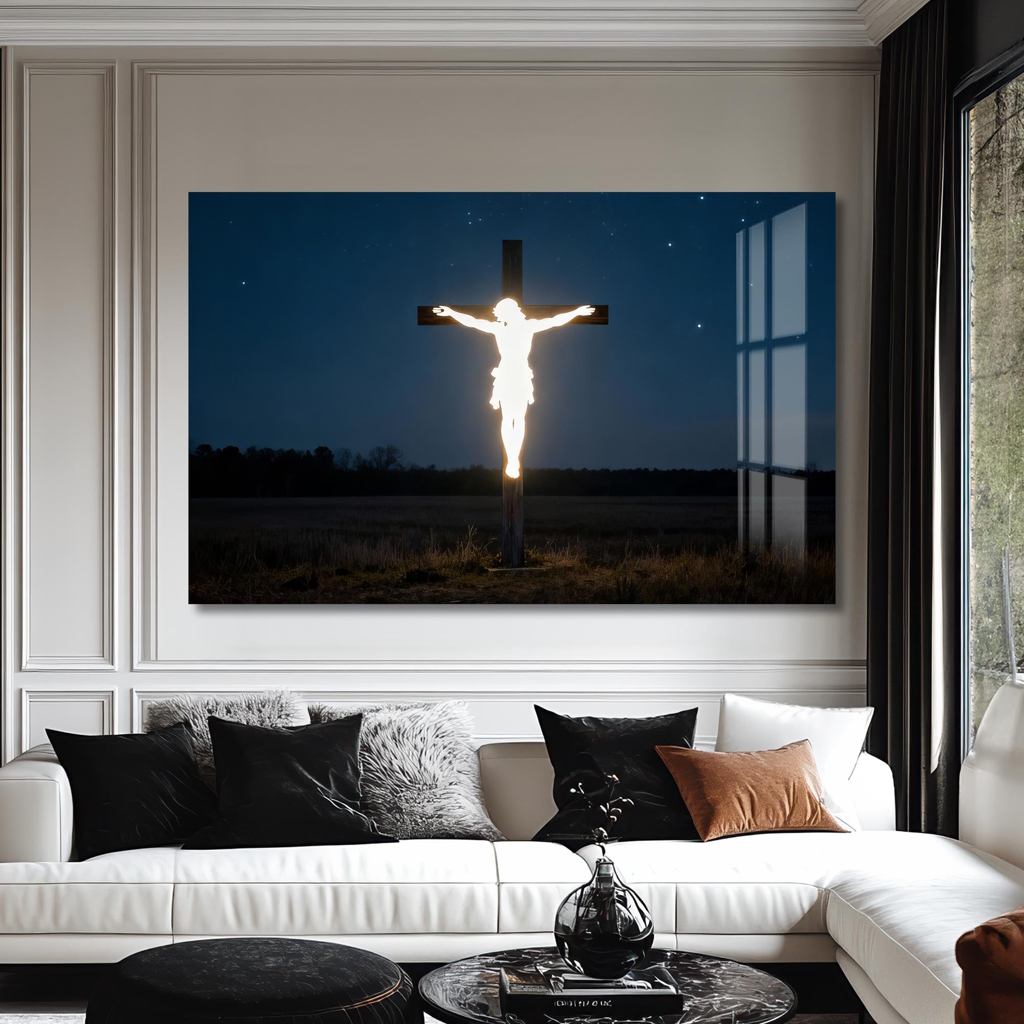 Artronauts Glass Print Glowing Cross in the Darkness– Christian Tempered Glass Wall Art