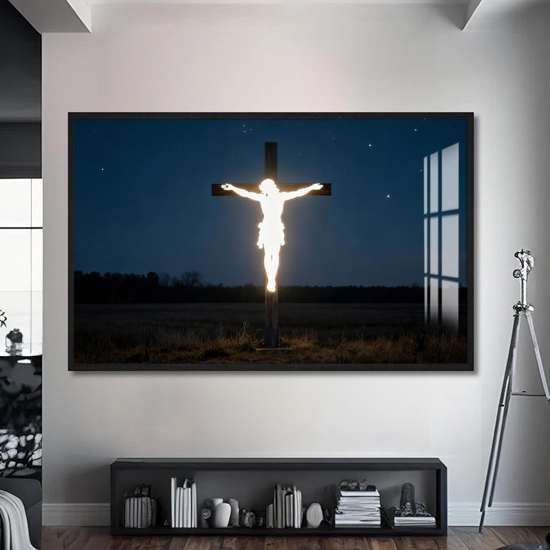 Artronauts Glass Print S | 72x46 cm | 28.3"x18.1" / Black Glowing Cross in the Darkness– Christian Tempered Glass Wall Art
