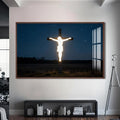 Artronauts Glass Print S | 72x46 cm | 28.3"x18.1" / Walnut Glowing Cross in the Darkness– Christian Tempered Glass Wall Art
