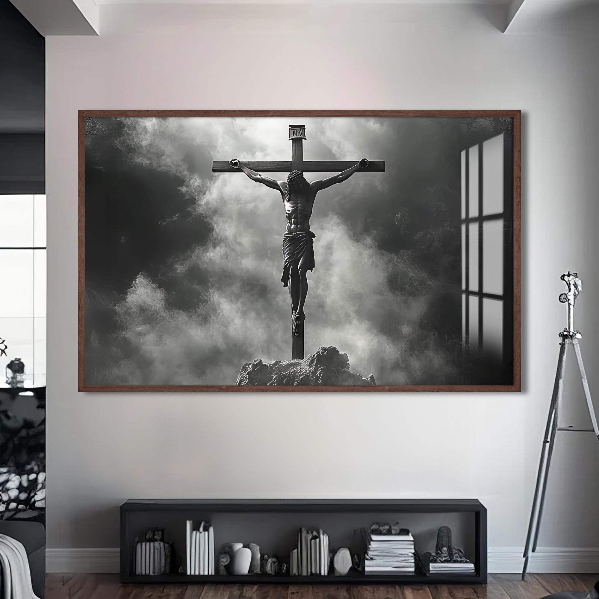 Artronauts Glass Print S | 72x46 cm | 28.3"x18.1" / Walnut The Crucifixion in Silence– Christian Tempered Glass Wall Art