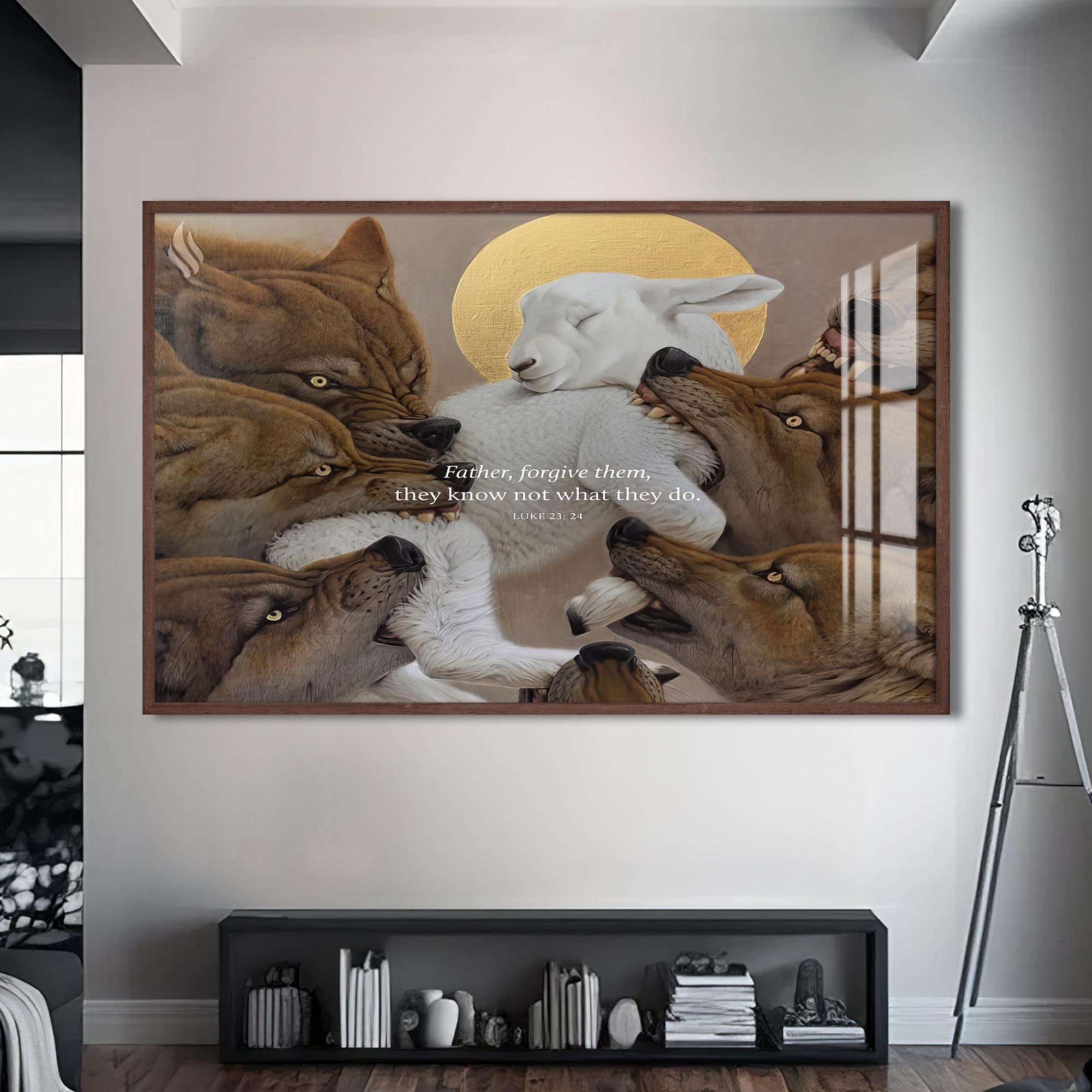 Artronauts Glass Print S | 72x46 cm | 28.3"x18.1" / Walnut The Forgiving Lamb– Christian Tempered Glass Wall Art