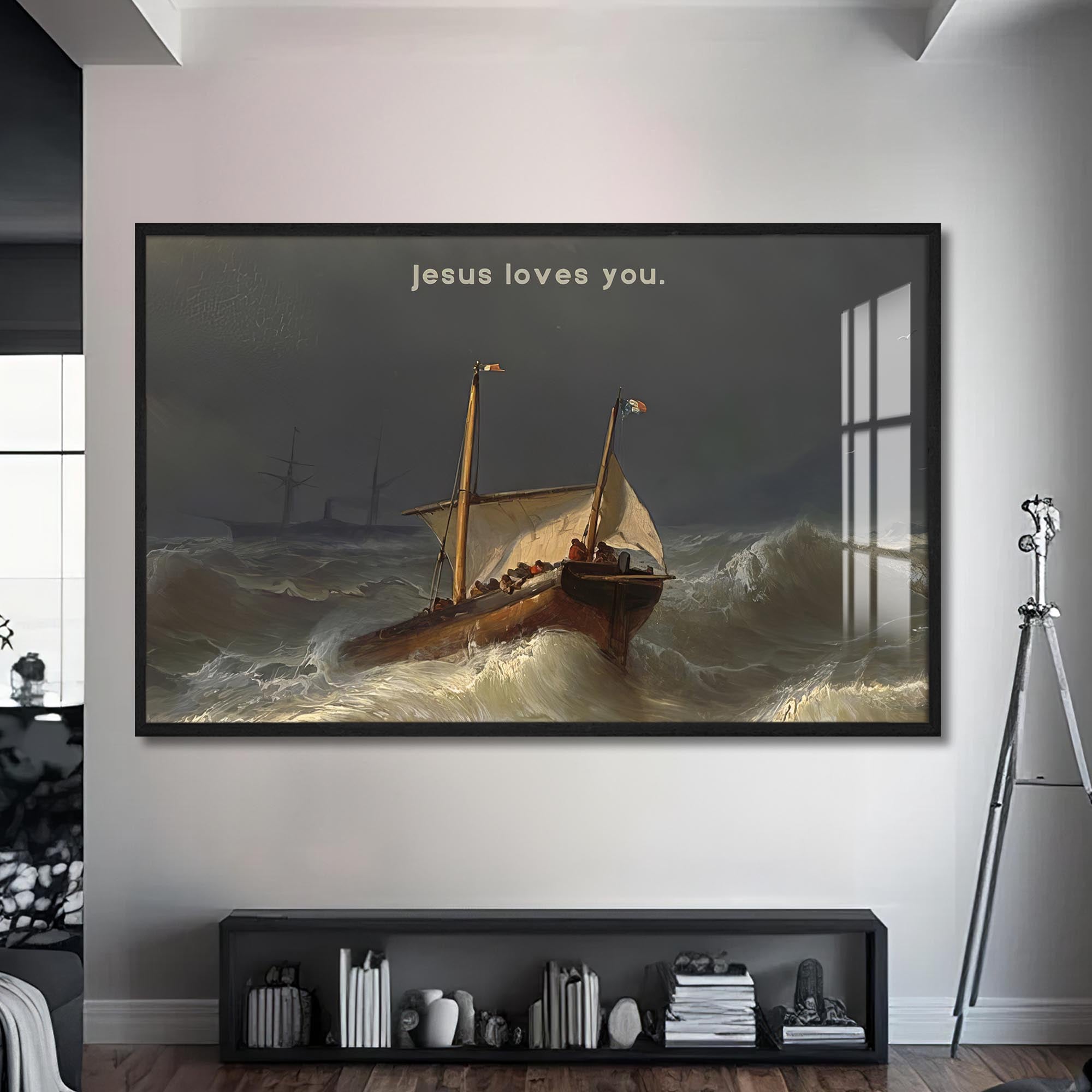 Artronauts Glass Print S | 72x46 cm | 28.3"x18.1" / Black Jesus Loves You– Christian Tempered Glass Wall Art