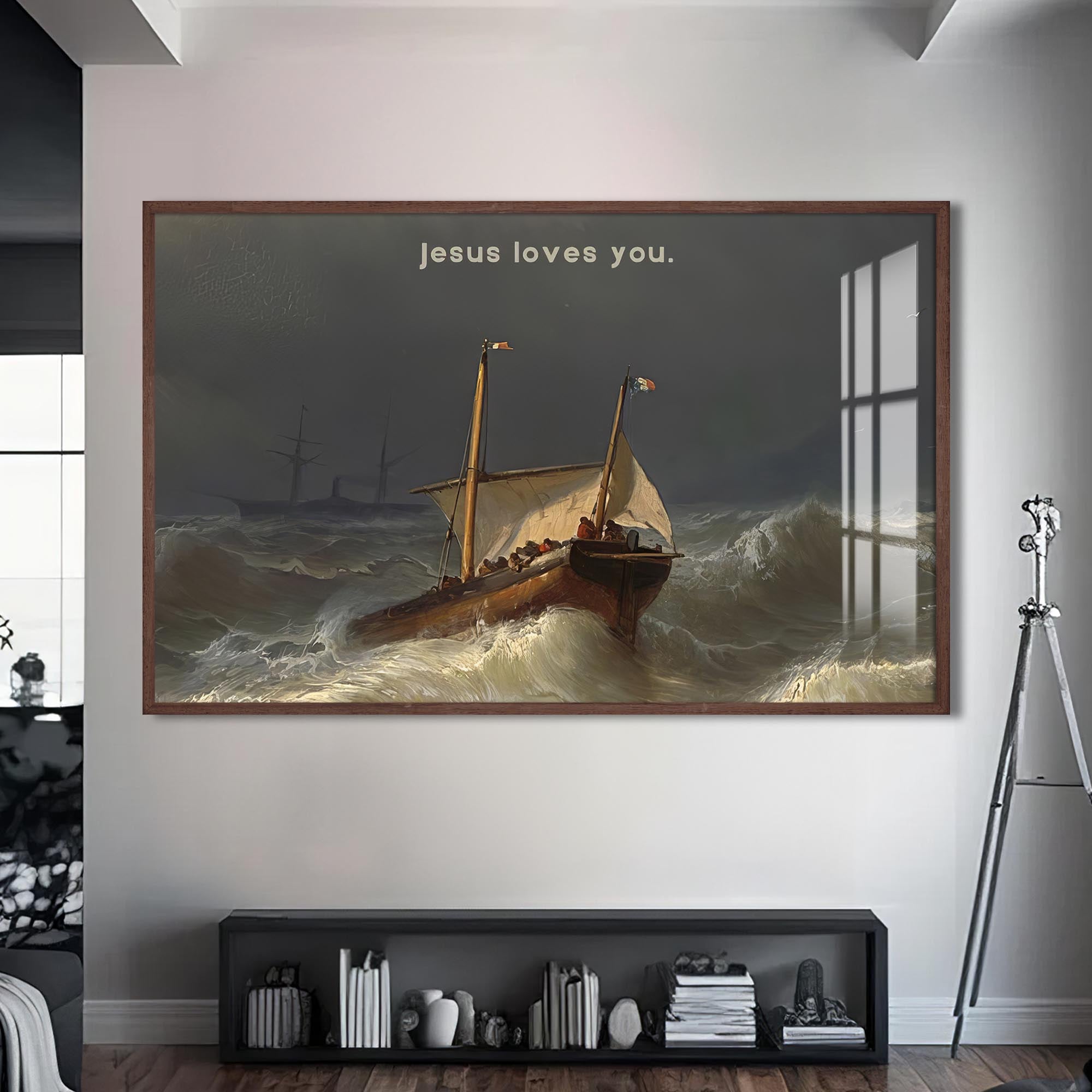 Artronauts Glass Print S | 72x46 cm | 28.3"x18.1" / Walnut Jesus Loves You– Christian Tempered Glass Wall Art