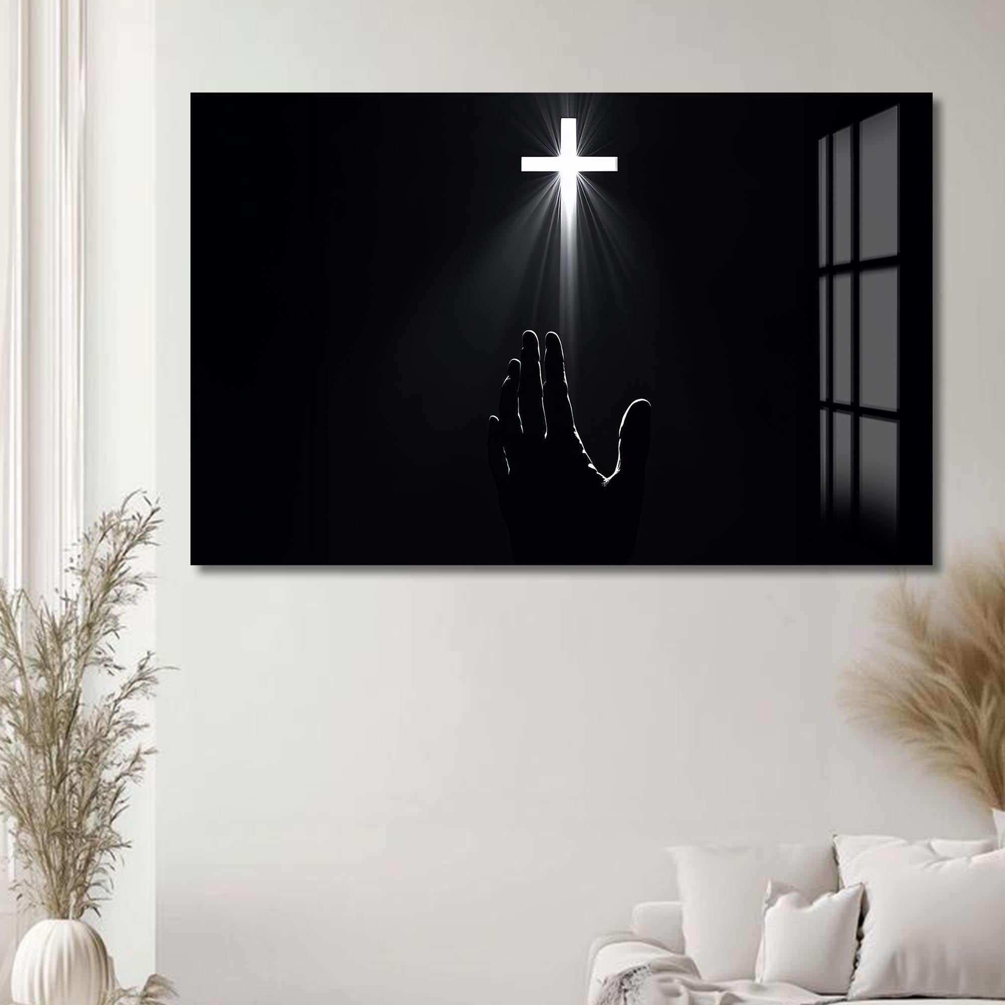 Artronauts Glass Print Reaching Toward the Cross- Christian Tempered Glass Wall Art