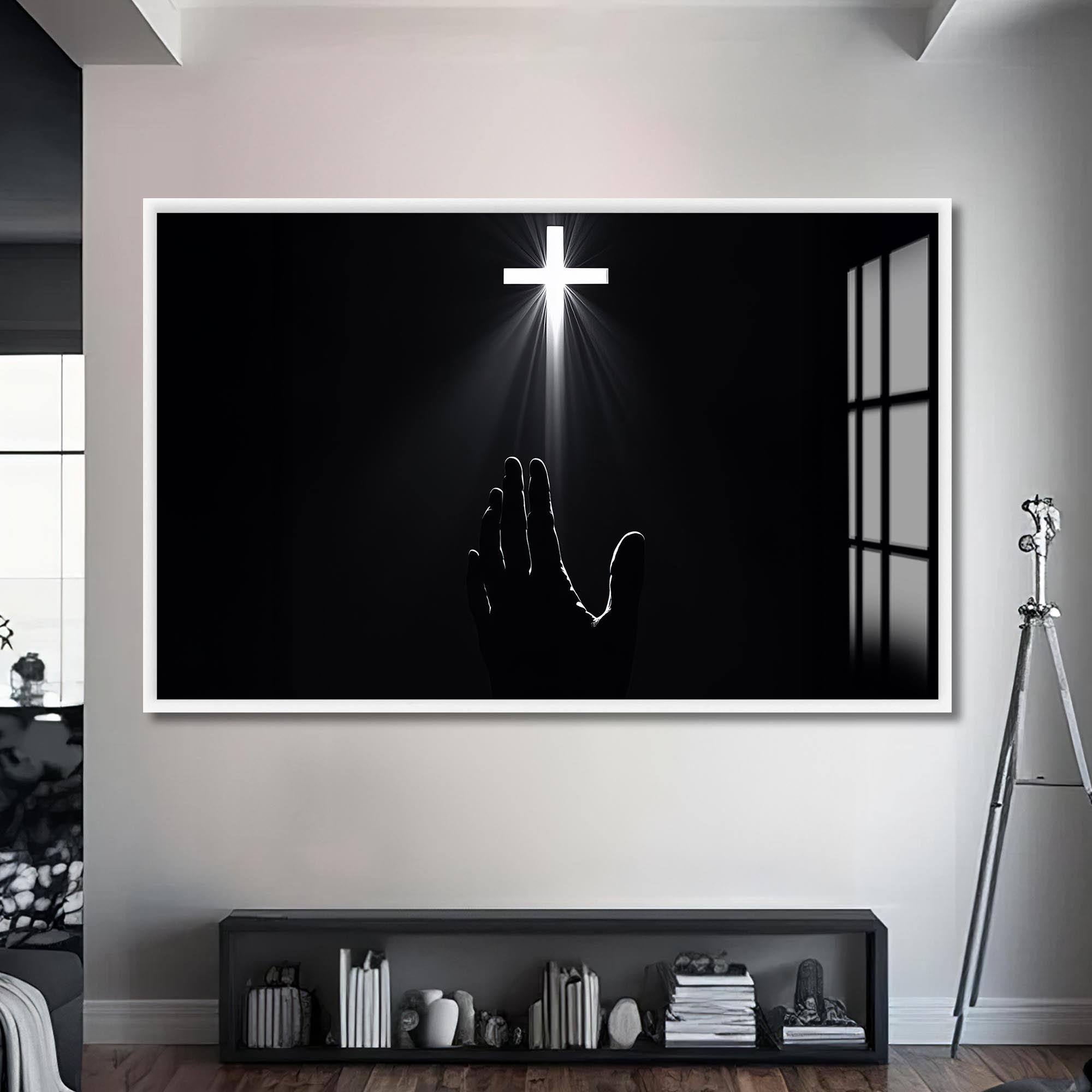 Artronauts Glass Print S | 72x46 cm | 28.3"x18.1" / White Reaching Toward the Cross- Christian Tempered Glass Wall Art