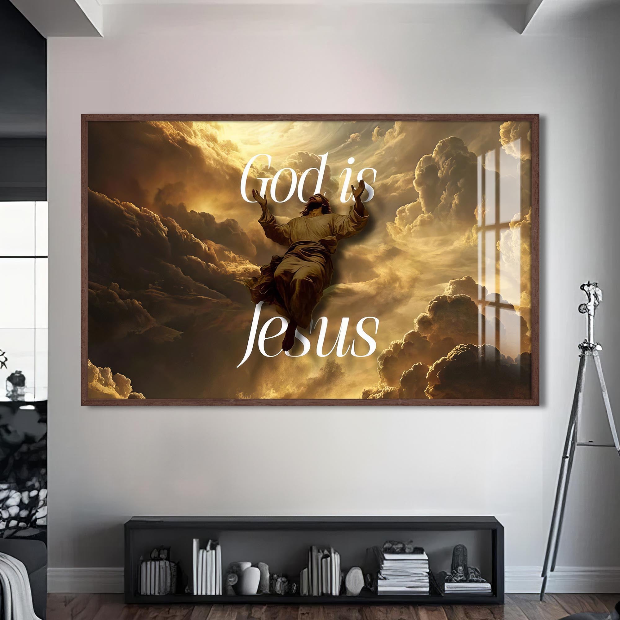 Artronauts Glass Print S | 72x46 cm | 28.3"x18.1" / Walnut God Is Jesus- Christian Tempered Glass Wall Art