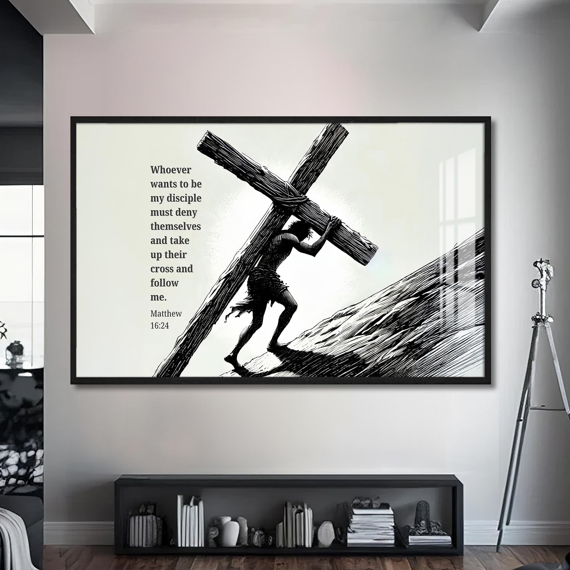 Artronauts Glass Print S | 72x46 cm | 28.3"x18.1" / Black Carry the Cross- Christian Tempered Glass Wall Art