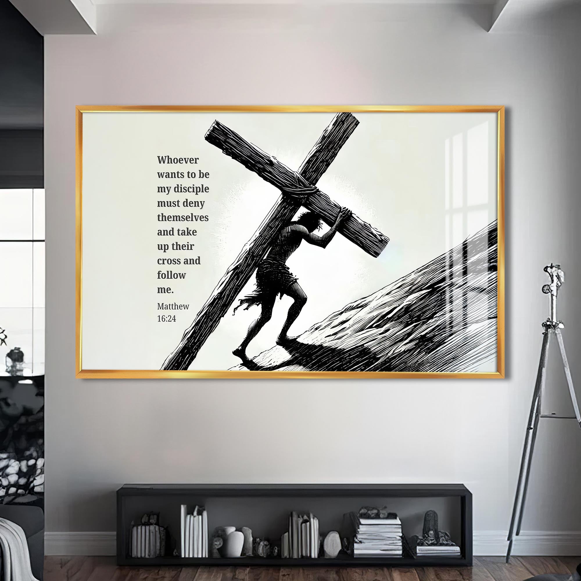 Artronauts Glass Print S | 72x46 cm | 28.3"x18.1" / Gold Carry the Cross- Christian Tempered Glass Wall Art