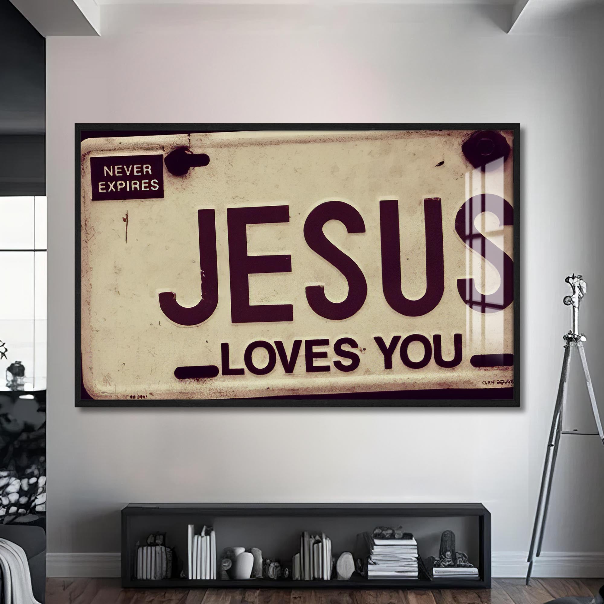 Artronauts Glass Print S | 72x46 cm | 28.3"x18.1" / Black Jesus Loves You- Christian Tempered Glass Wall Art