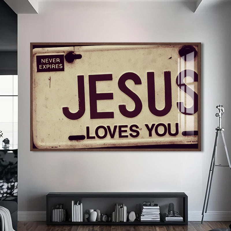 Artronauts Glass Print S | 72x46 cm | 28.3"x18.1" / Walnut Jesus Loves You- Christian Tempered Glass Wall Art