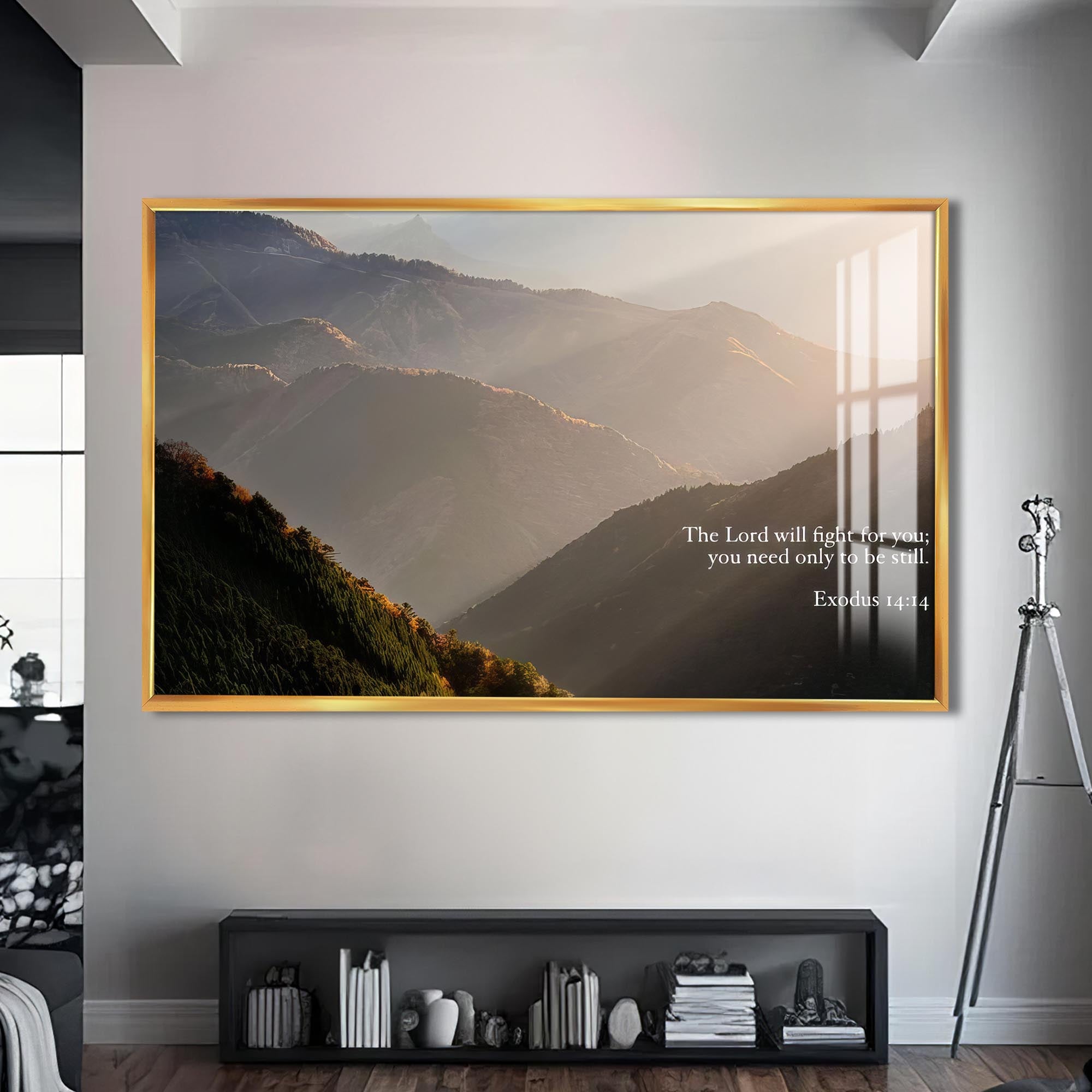 Artronauts Glass Print S | 72x46 cm | 28.3"x18.1" / Gold Exodus 14– Christian Tempered Glass Wall Art