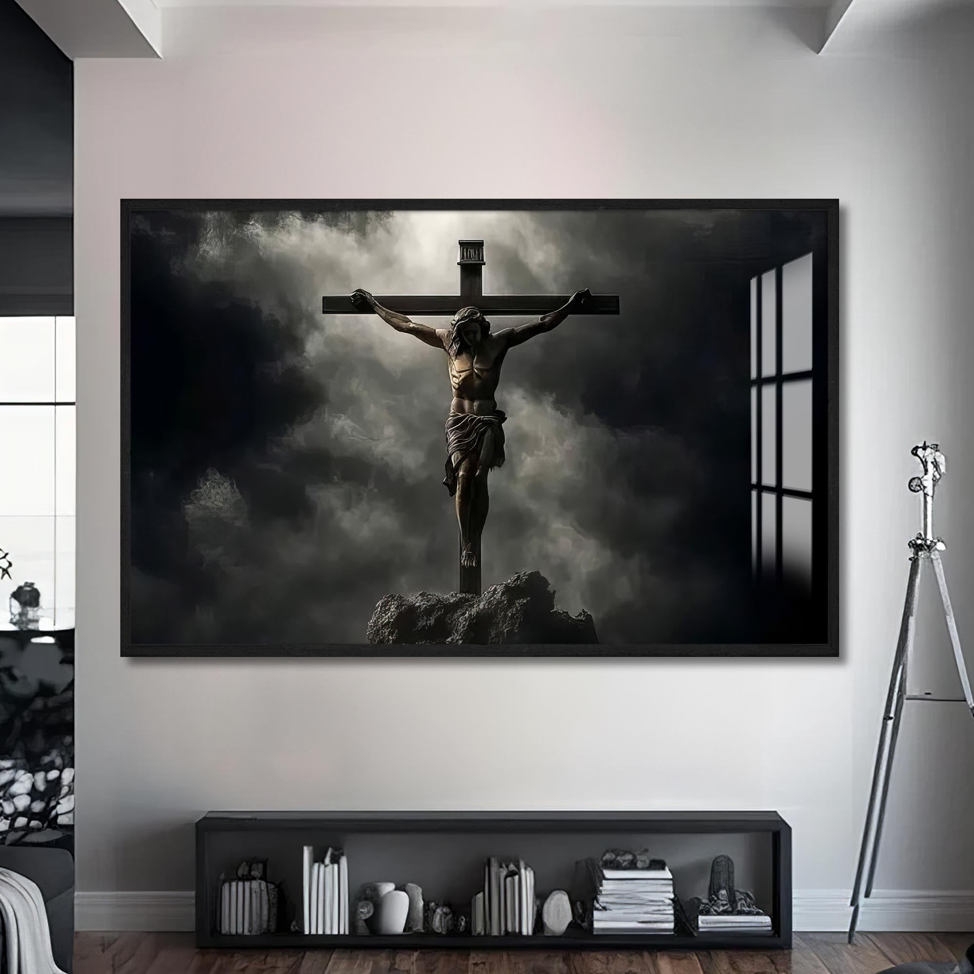 Artronauts Glass Print S | 72x46 cm | 28.3"x18.1" / Black The Crucifixion- Christian Tempered Glass Wall Art