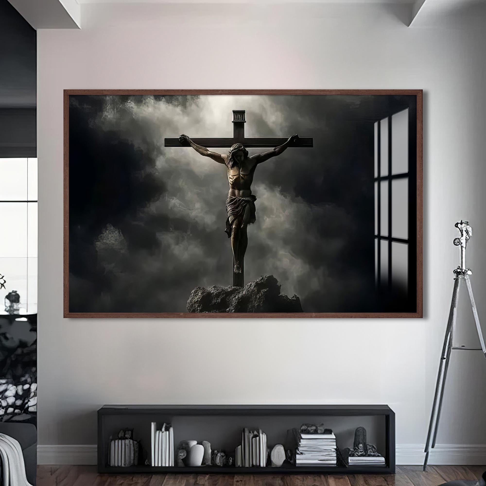 Artronauts Glass Print S | 72x46 cm | 28.3"x18.1" / Walnut The Crucifixion- Christian Tempered Glass Wall Art