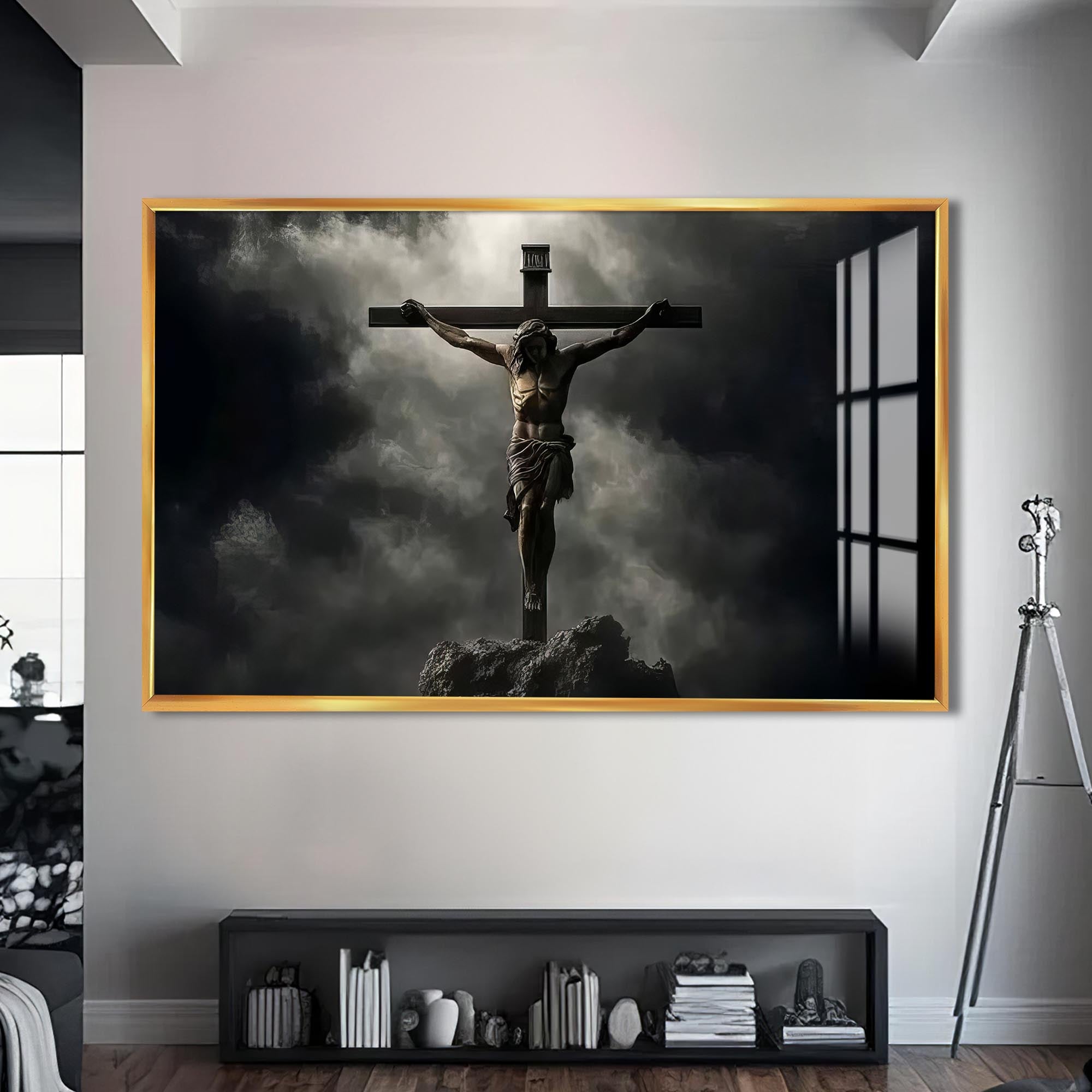 Artronauts Glass Print S | 72x46 cm | 28.3"x18.1" / Gold The Crucifixion- Christian Tempered Glass Wall Art