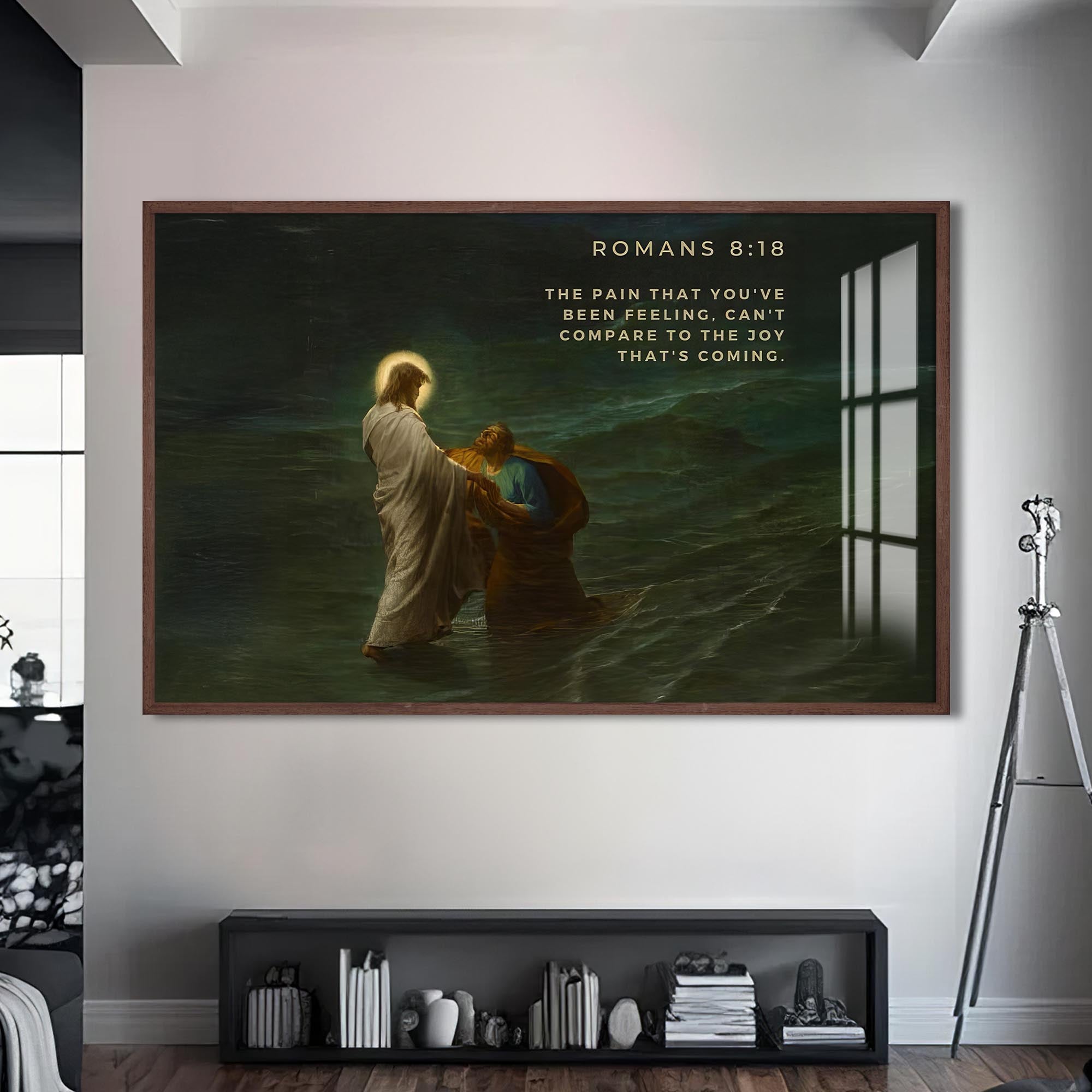 Artronauts Glass Print S | 72x46 cm | 28.3"x18.1" / Walnut Romans 8– Christian Tempered Glass Wall Art