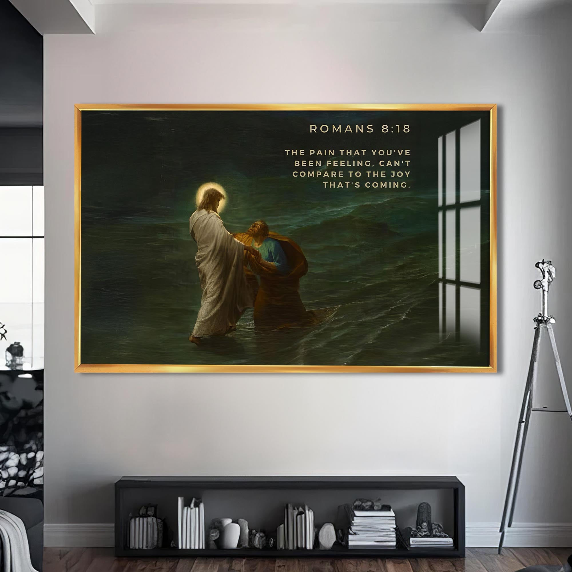 Artronauts Glass Print S | 72x46 cm | 28.3"x18.1" / Gold Romans 8– Christian Tempered Glass Wall Art