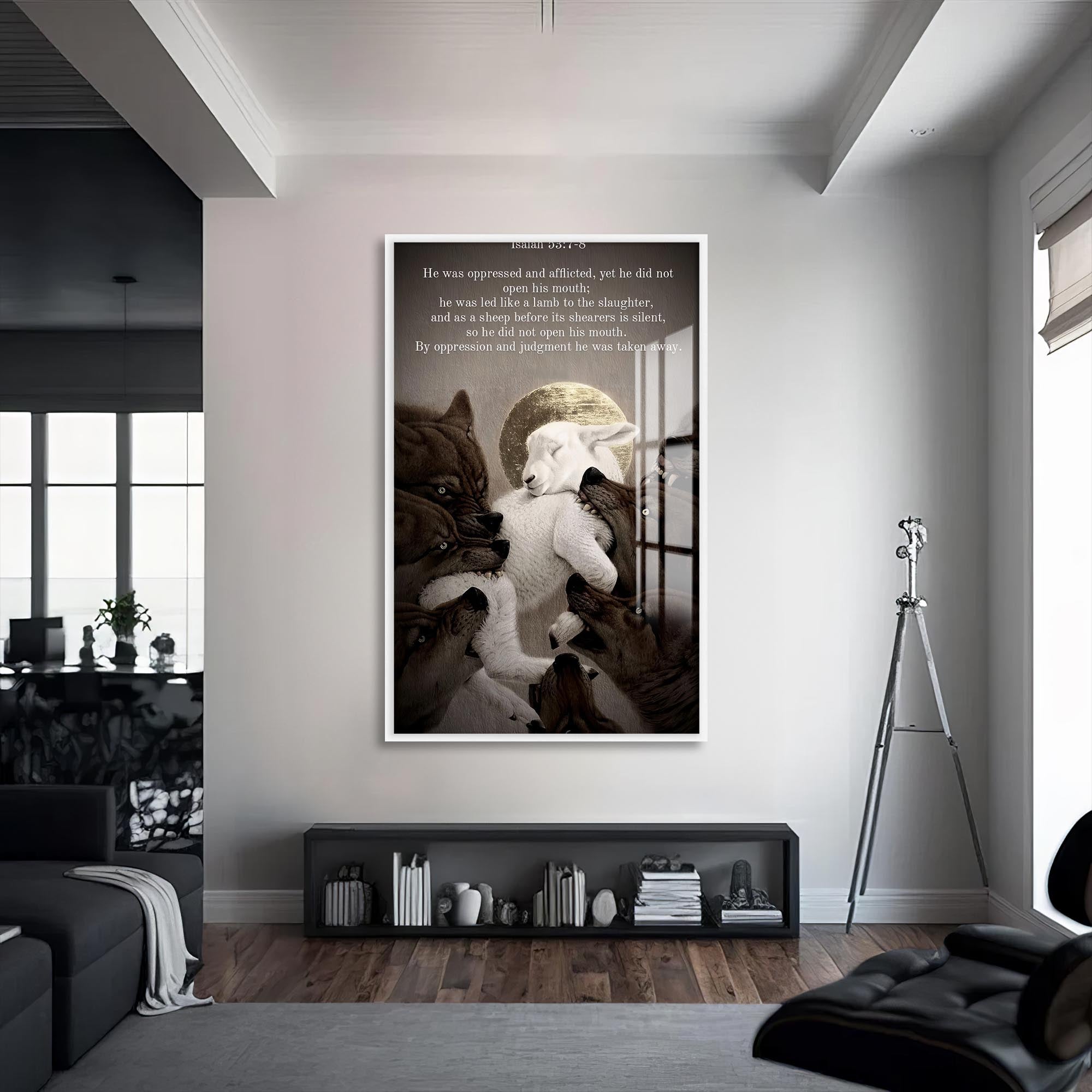 Artronauts Glass Print S | 72x46 cm | 28.3"x18.1" / White Silent Lamb– Christian Tempered Glass Wall Art