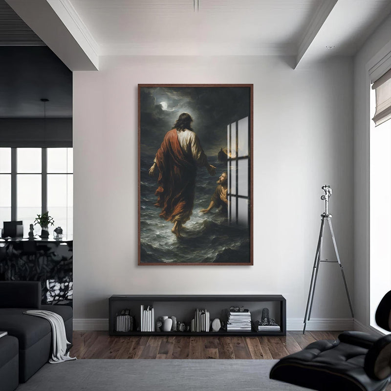 Artronauts Glass Print S | 72x46 cm | 28.3"x18.1" / Walnut Faith Upon the Waters– Christian Tempered Glass Wall Art