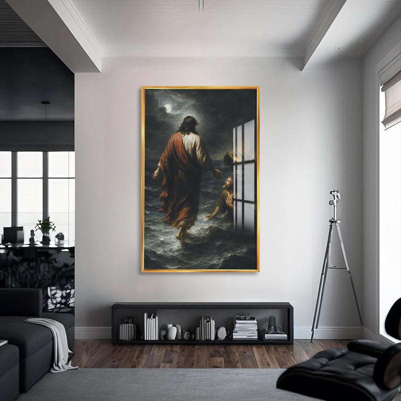 Artronauts Glass Print S | 72x46 cm | 28.3"x18.1" / Gold Faith Upon the Waters– Christian Tempered Glass Wall Art