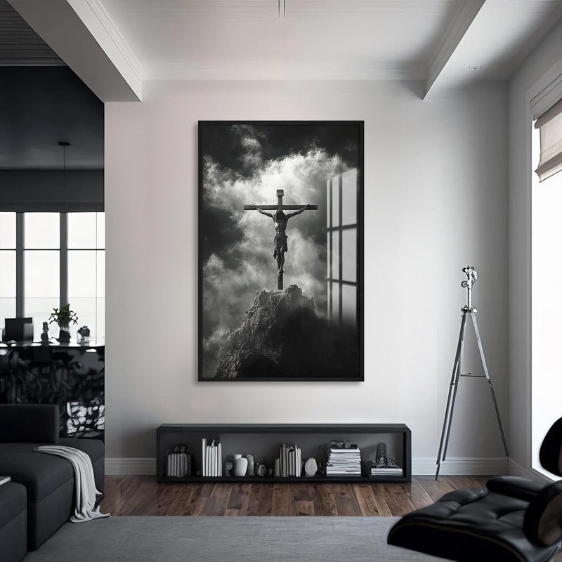 Artronauts Glass Print S | 72x46 cm | 28.3"x18.1" / Black Crucifix in Silence– Christian Tempered Glass Wall Art