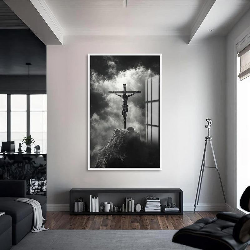 Artronauts Glass Print S | 72x46 cm | 28.3"x18.1" / White Crucifix in Silence– Christian Tempered Glass Wall Art