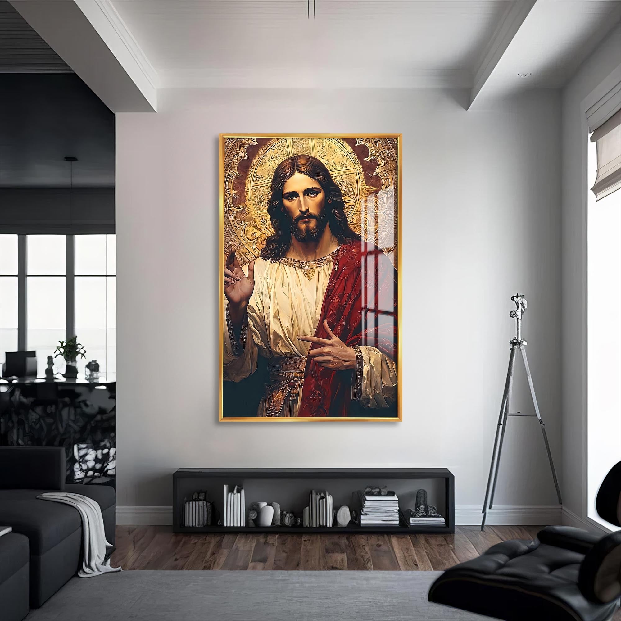 Artronauts Glass Print S | 72x46 cm | 28.3"x18.1" / Gold Golgotha at Dusk– Christian Tempered Glass Wall Art