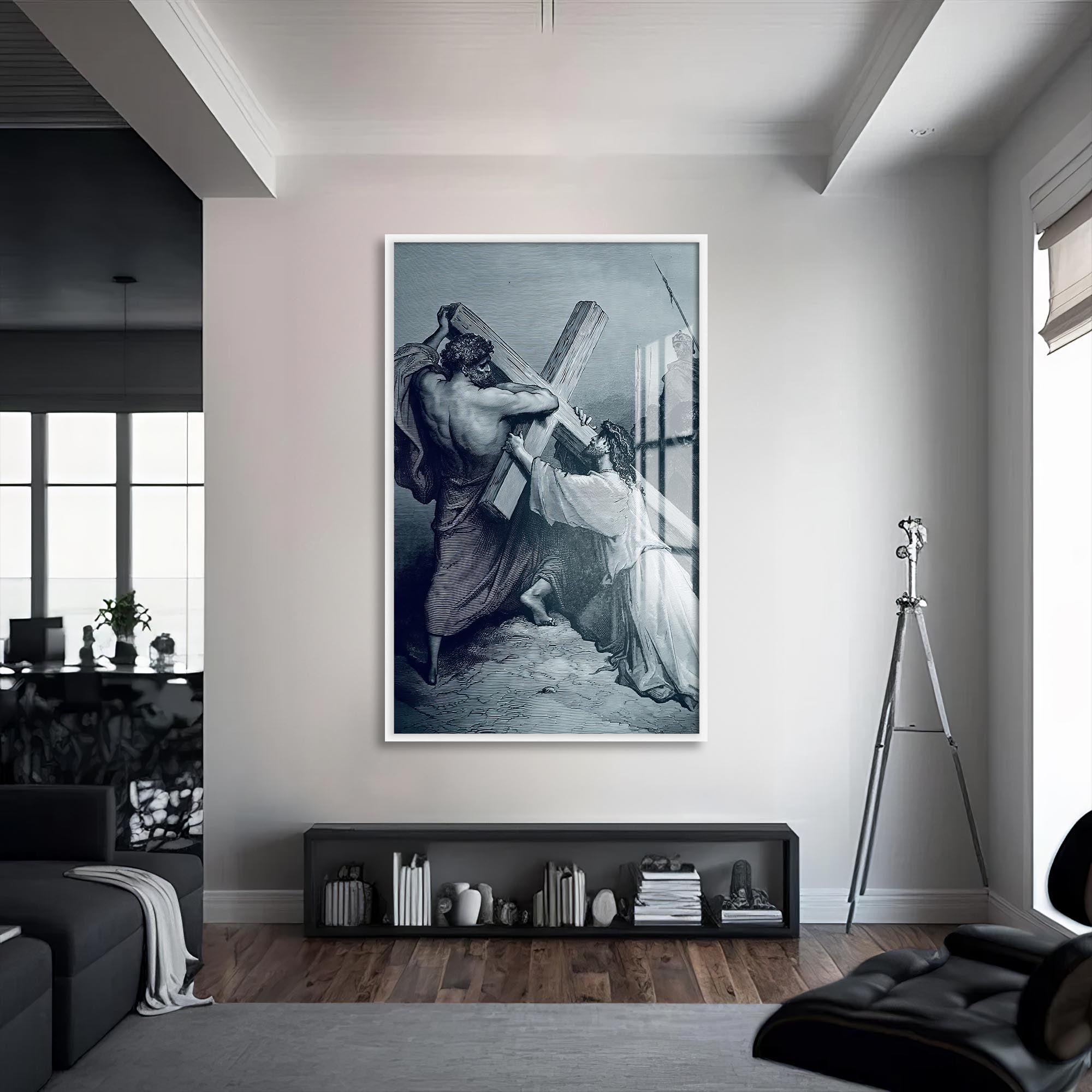 Artronauts Glass Print S | 72x46 cm | 28.3"x18.1" / White The Burden of the Cross– Christian Tempered Glass Wall Art