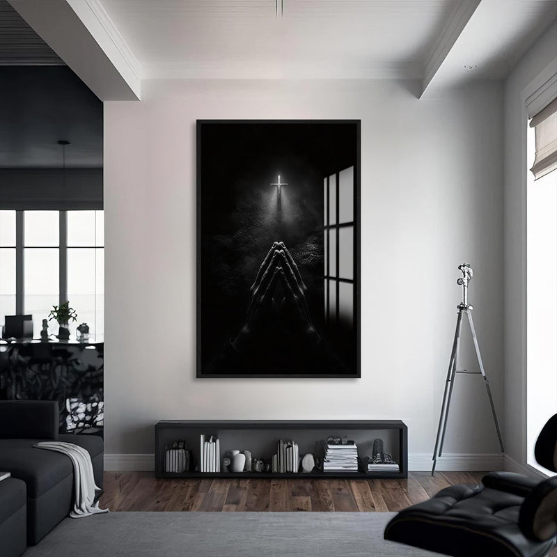 Artronauts Glass Print S | 72x46 cm | 28.3"x18.1" / Black Prayer in the Dark– Christian Tempered Glass Wall Art