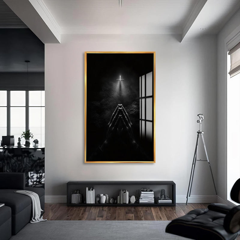 Artronauts Glass Print S | 72x46 cm | 28.3"x18.1" / Gold Prayer in the Dark– Christian Tempered Glass Wall Art