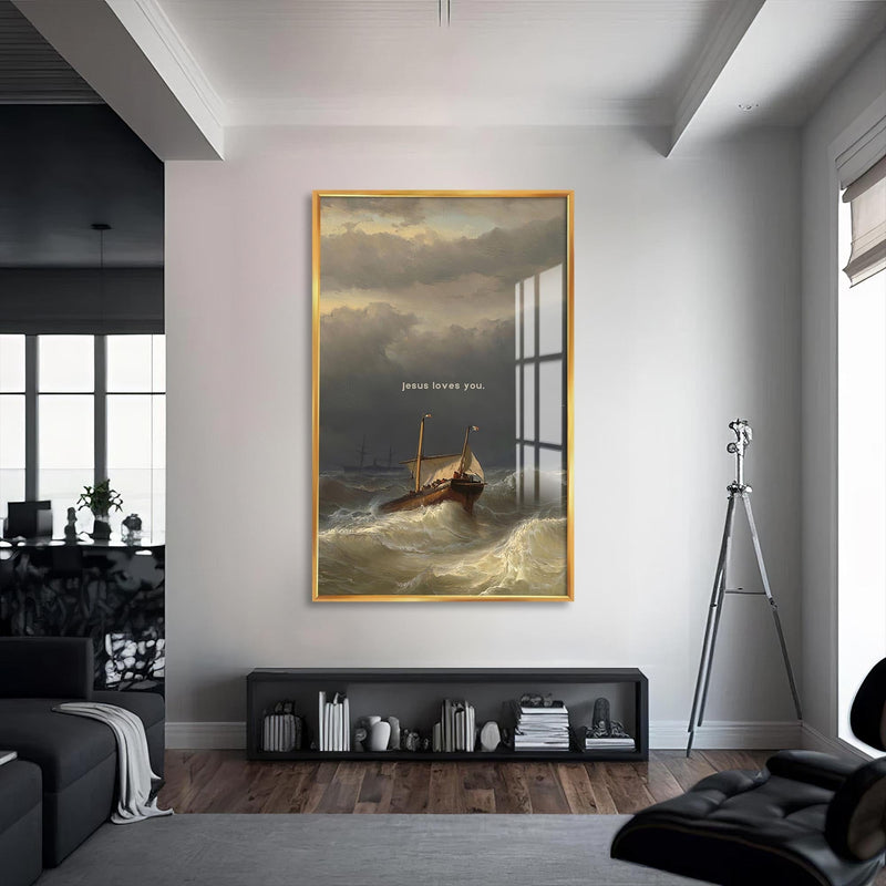 Artronauts Glass Print S | 72x46 cm | 28.3"x18.1" / Gold Faith Through the Storm– Christian Tempered Glass Wall Art