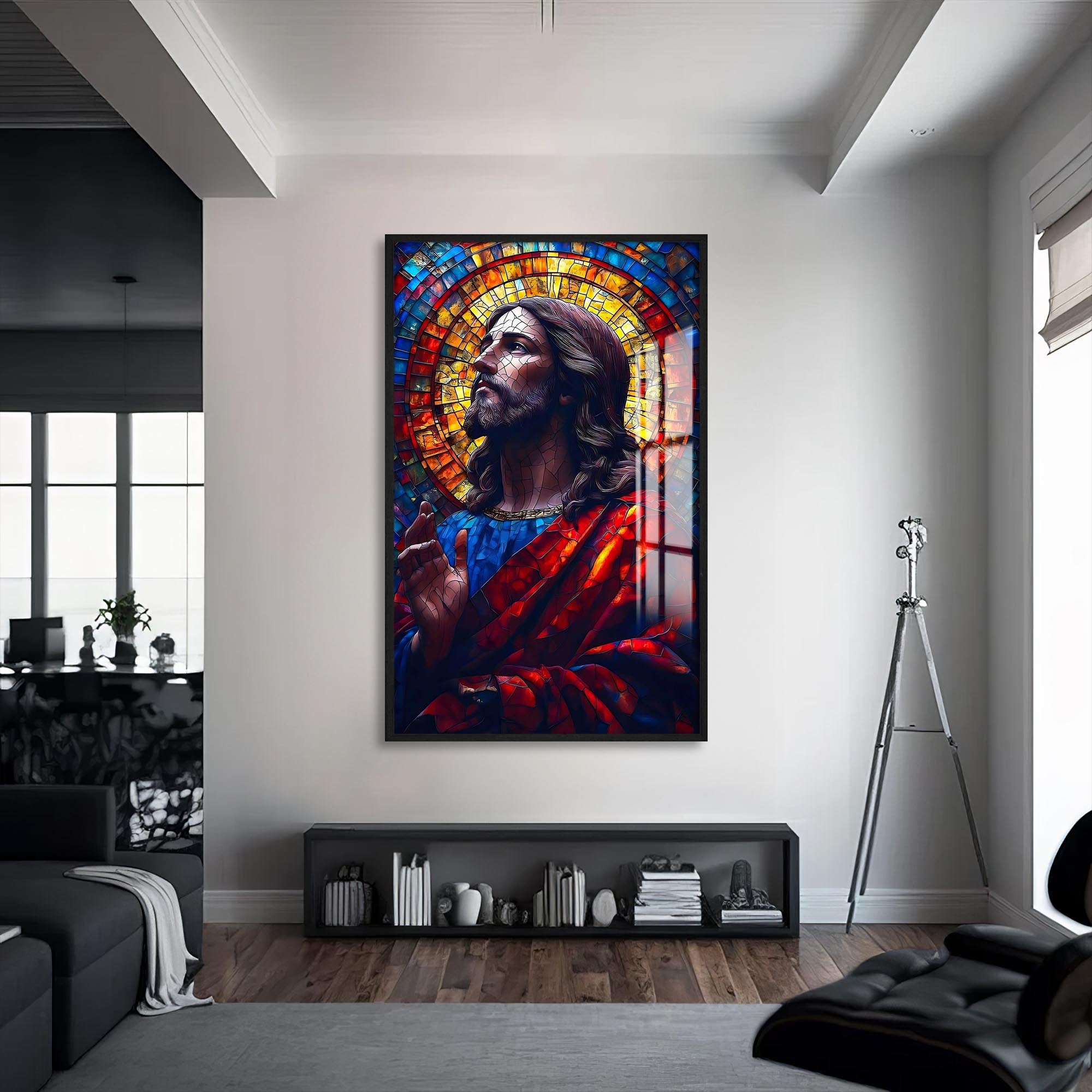 Artronauts Glass Print S | 72x46 cm | 28.3"x18.1" / Black Stained Glass Christ Portrait– Christian Tempered Glass Wall Art